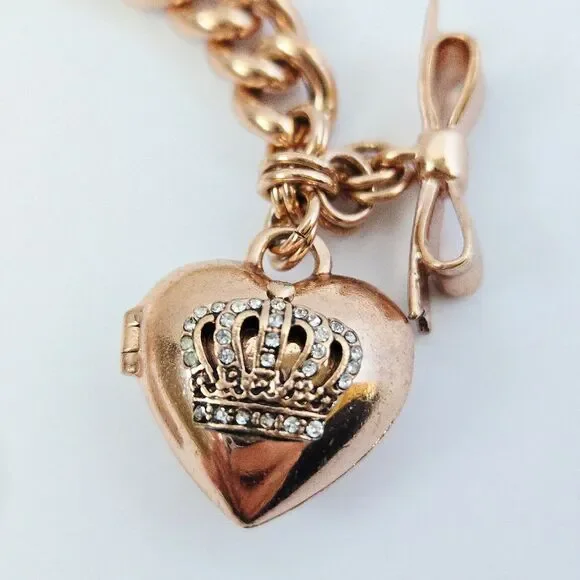 2013 Vintage Juicy Couture Rose Gold Heart Locket Bracelet Bow Toggle Closure - Picture 4 of 11